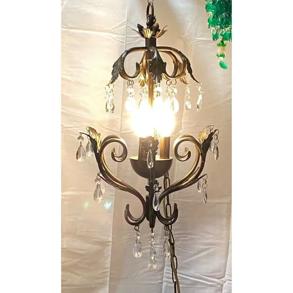 Chandelier 3 Light Antique Rubbed Brass Leaf Scroll 31 2-Tier Prism Crystals - Picture 13 of 16
